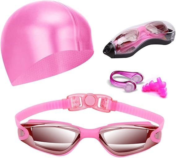 Pink Swim Goggles Set with Cap, Nose Clip, Earplugs & Case: Anti - Fog UV Protection for Men & Women - RnR Galore