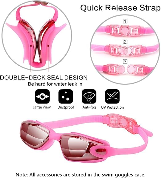 Pink Swim Goggles Set with Cap, Nose Clip, Earplugs & Case: Anti - Fog UV Protection for Men & Women - RnR Galore