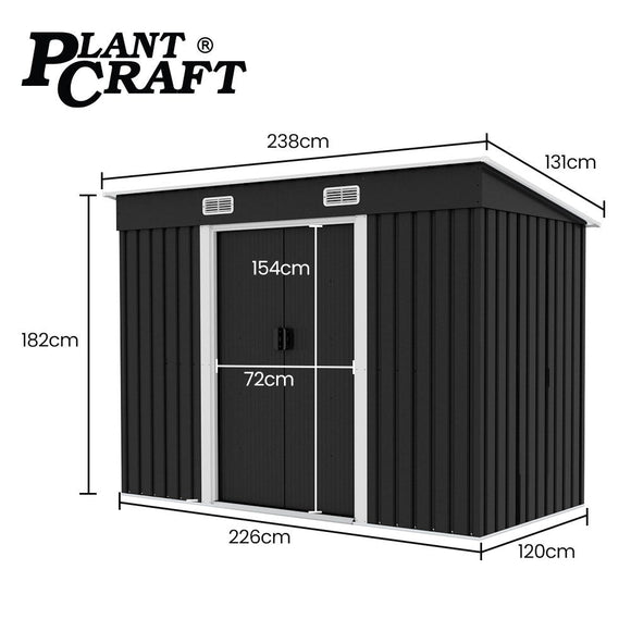 PlantCraft Galvanised Steel Garden Shed 2.38 x 1.31 x 1.82m, with 2 Sliding Doors, 2 Air Vents, Skillion Roof, Floor Frame - RnR Galore