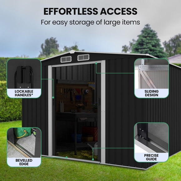 PLANTCRAFT Galvanised Steel Garden Shed 2.58 x 2.07 x 2.02m, with 2 Sliding Doors, 4 Air Vents, Gable Roof, Floor Frame, Black - RnR Galore