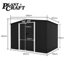 PLANTCRAFT Galvanised Steel Garden Shed 2.58 x 2.07 x 2.02m, with 2 Sliding Doors, 4 Air Vents, Gable Roof, Floor Frame, Black - RnR Galore
