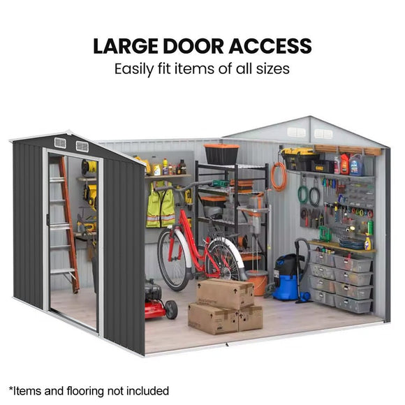 PlantCraft Galvanised Steel Garden Shed 2.58 x 3.13 x 2.02m, with 2 Sliding Doors, 4 Air Vents, Gable Roof, Floor Frame - RnR Galore