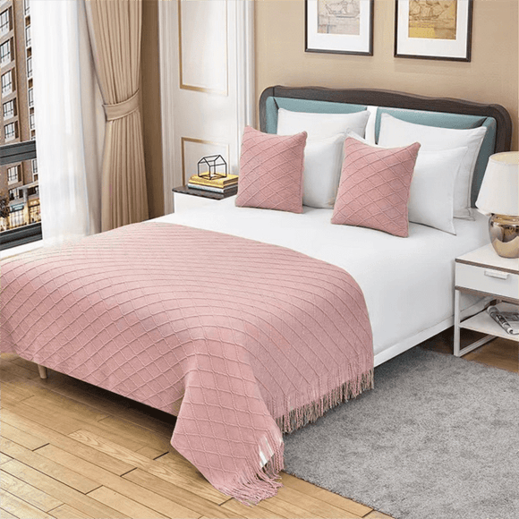 Pure white Nordic Knitted Throw Blanket with Tassels 130x230cm Soft Acrylic Diamond Pattern Sofa Cover Bed Runner and Travel Blanket - RnR Galore