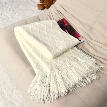 Pure white Nordic Knitted Throw Blanket with Tassels 130x230cm Soft Acrylic Diamond Pattern Sofa Cover Bed Runner and Travel Blanket - RnR Galore