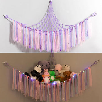 Purple Corner Plush Toy Organizer (100x100x150cm) with Ribbon Accent & Installation Kit - Handwoven Cotton Mesh Toy Storage Hammock - RnR Galore