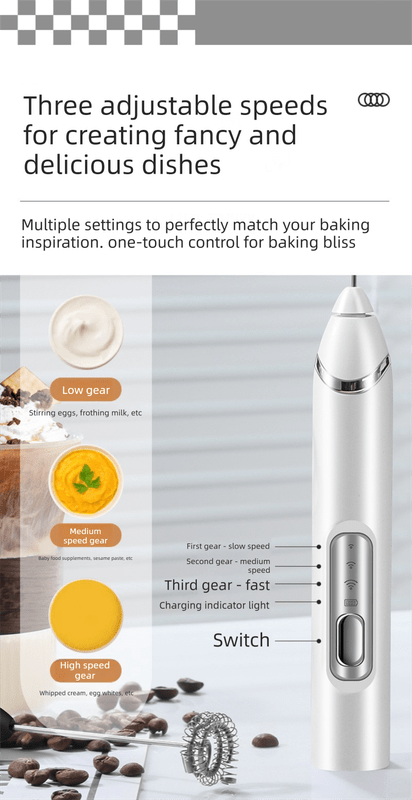 Rechargeable 3 - in - 1 Handheld Milk Frother Set - Electric Whisk with Egg Beater & Mixing Hook - 3 Speed Adjustable Foam Maker for Coffee, Lattes, Baking & Baby Food (Black) - RnR Galore