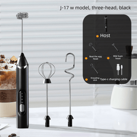 Rechargeable 3 - in - 1 Handheld Milk Frother Set - Electric Whisk with Egg Beater & Mixing Hook - 3 Speed Adjustable Foam Maker for Coffee, Lattes, Baking & Baby Food (Black) - RnR Galore