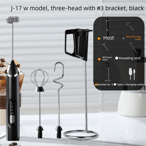 Rechargeable 3 - in - 1 Milk Frother Set with Metal Stand - Handheld Electric Whisk, Egg Beater & Mixing Hook - 3 Speed Foam Maker for Coffee, Lattes & Baking (Black) - RnR Galore