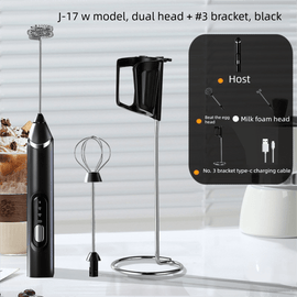 Rechargeable Electric Milk Frother with Metal Stand - Handheld Foam Maker & Egg Beater Set - 3 Speed Mixer with 2 Stainless Steel Whisks for Flat Whites, Lattes & Baking (Black) - RnR Galore