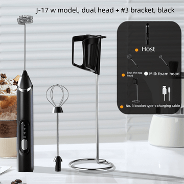 Rechargeable Electric Milk Frother with Metal Stand - Handheld Foam Maker & Egg Beater Set - 3 Speed Mixer with 2 Stainless Steel Whisks for Flat Whites, Lattes & Baking (Black) - RnR Galore