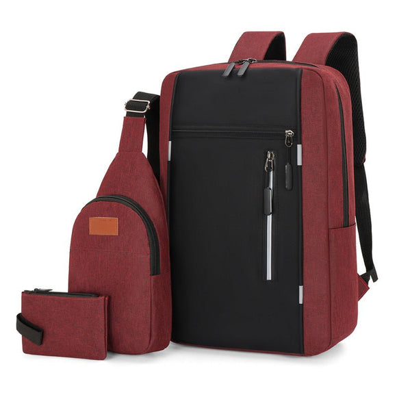Red 3 Piece Mens Backpack Set with Sling Bag and Pouch USB Charging Port Large Capacity Laptop Daypack Water Resistant Business Travel School Bag - RnR Galore