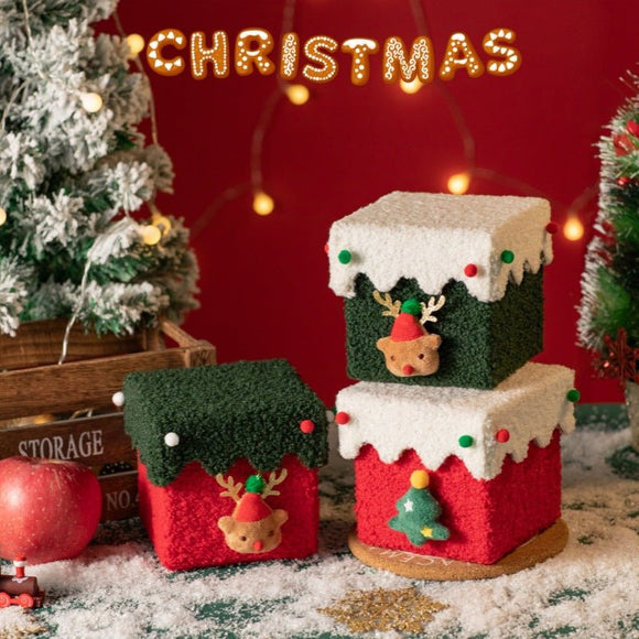 Red and White Luxe Plush Christmas Gift Box - Decorative Holiday Treat Box with Snowy Trim - RnR Galore