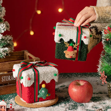 Red and White Luxe Plush Christmas Gift Box - Decorative Holiday Treat Box with Snowy Trim - RnR Galore