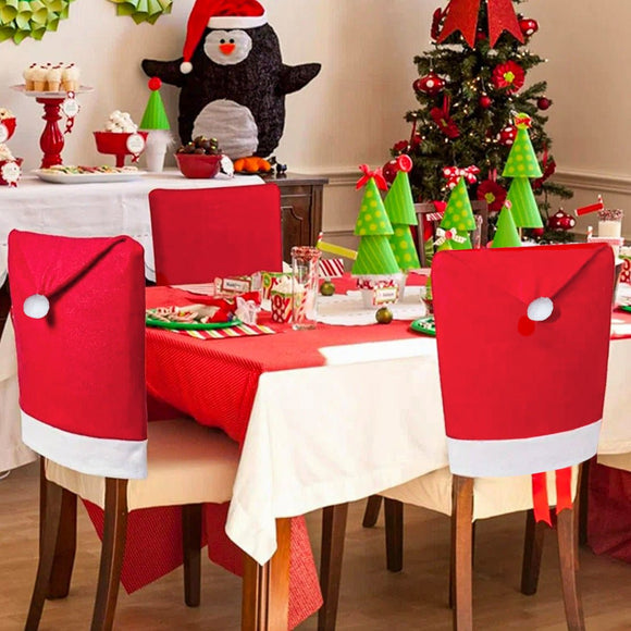 Red Festive Santa Hat Dining Chair Covers - Set of 8 for Holiday Party Decoration - RnR Galore