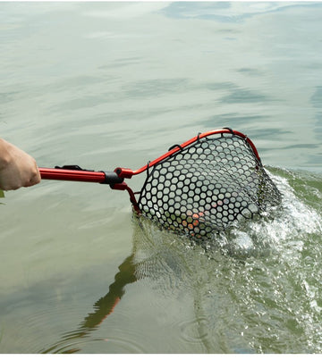 Red High Strength Large Landing Net - Fishing Net with Foldable Handle and Soft Rubber Netting, Dip Net for Fishing, Ideal for Boat, Pier, River Angling - RnR Galore