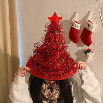 Red Sparkly Tinsel Christmas Tree Hat - Festive Holiday Party Headwear for Adults & Kids - RnR Galore