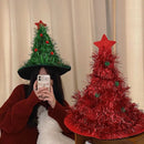 Red Sparkly Tinsel Christmas Tree Hat - Festive Holiday Party Headwear for Adults & Kids - RnR Galore