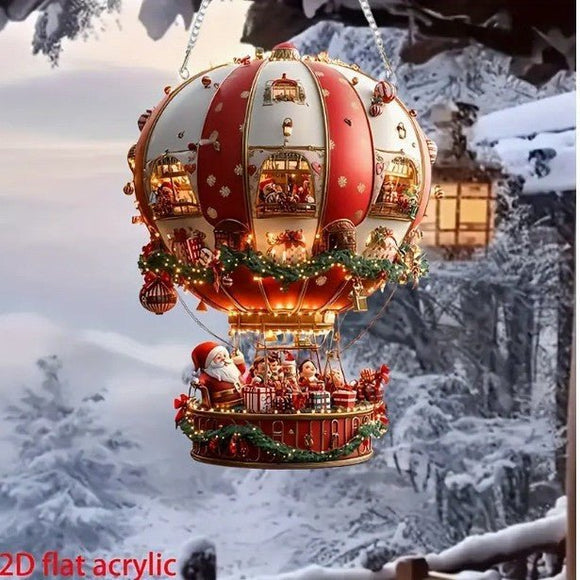 Red Whimsical Santa's Hot Air Balloon Ornament - 2D Flat Acrylic Hanging Decoration for Wall & Tree - RnR Galore