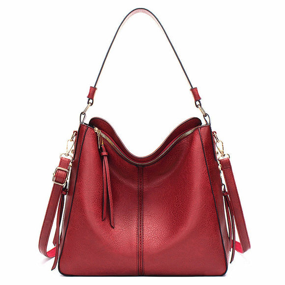 Red Womens Soft PU Leather Hobo Bag - Large Casual Tote Handbag with Adjustable Crossbody Strap - RnR Galore