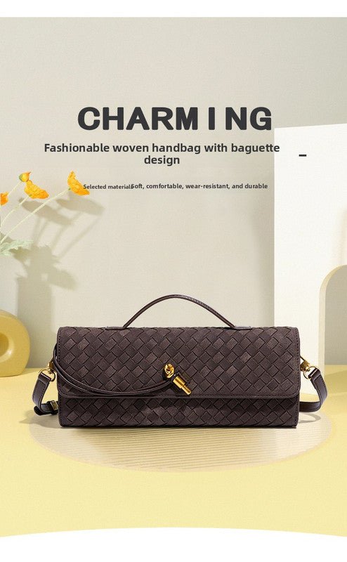 Retro Woven Baguette Handbag for Women Suede Texture PU Leather Shoulder Crossbody Bag Elegant Evening Clutch Brown - RnR Galore