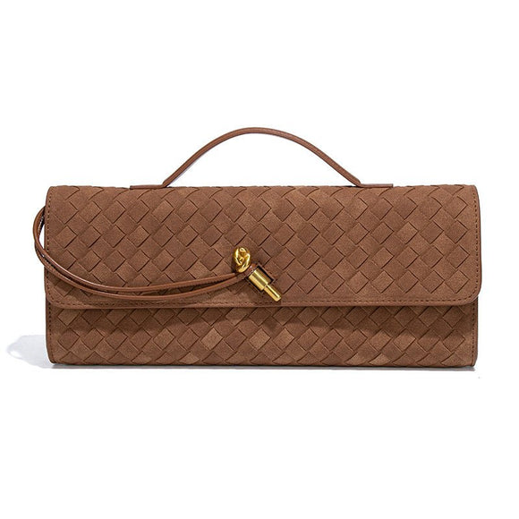 Retro Woven Baguette Handbag for Women Suede Texture PU Leather Shoulder Crossbody Bag Elegant Evening Clutch Brown - RnR Galore