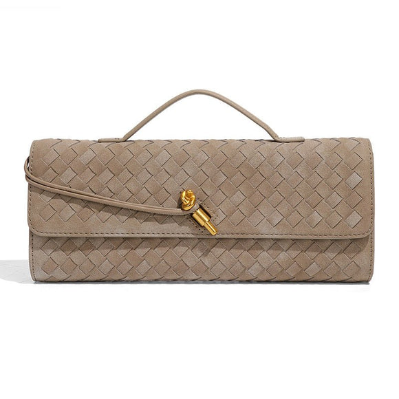 Retro Woven Baguette Handbag for Women Suede Texture PU Leather Shoulder Crossbody Bag Elegant Evening Clutch Pine Tea Color - RnR Galore