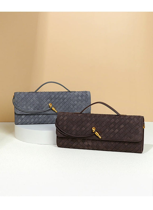 Retro Woven Baguette Handbag for Women Suede Texture PU Leather Shoulder Crossbody Bag Elegant Evening Clutch Pine Tea Color - RnR Galore