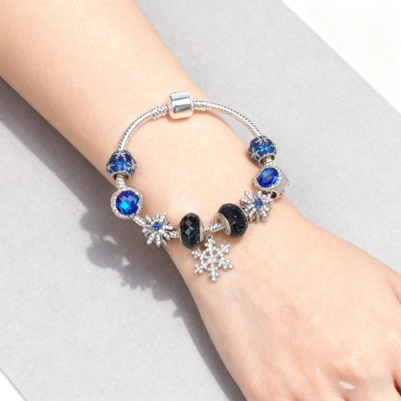 Rhinestone Blue Cat’s Eye Starry Glaze Beads Bracelet with Snowflake Pendant(19cm) - RnR Galore