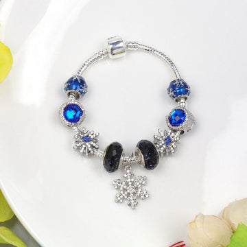 Rhinestone Blue Cat’s Eye Starry Glaze Beads Bracelet with Snowflake Pendant(20cm) - RnR Galore