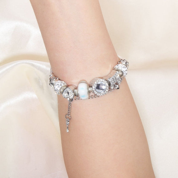Rhinestone Cat's Eye Glass Bead Charm Bracelet - Heart Lock Pendant(17cm) - RnR Galore