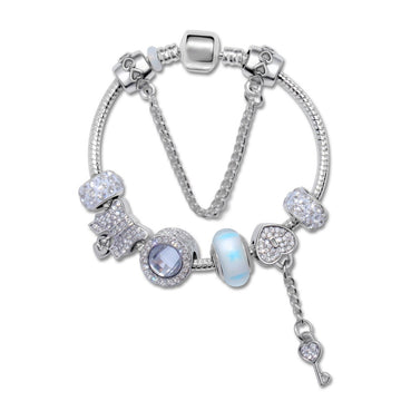 Rhinestone Cat's Eye Glass Bead Charm Bracelet - Heart Lock Pendant(20cm) - RnR Galore