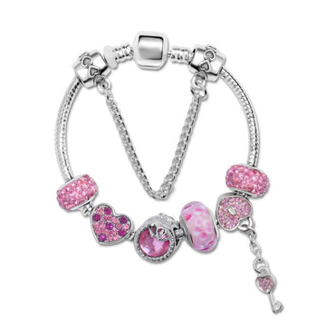 Rhinestone Heart & Bead Alloy Plated Bracelet with Happy Lock Pendant(21cm) - RnR Galore