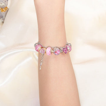 Rhinestone Heart & Bead Alloy Plated Bracelet with Happy Lock Pendant(21cm) - RnR Galore