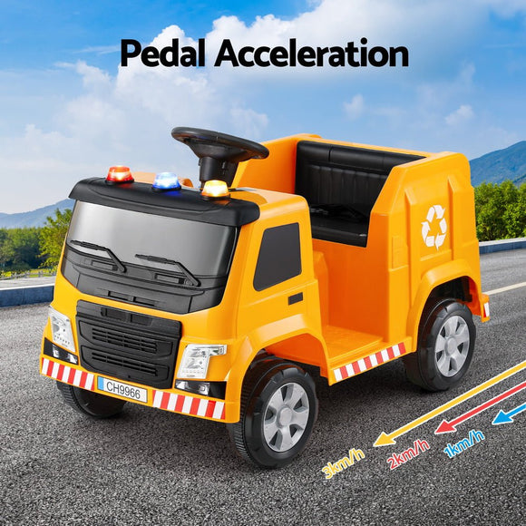 Rigo Kids Ride On Car Garbage Truck Police Light 12V Electric Toys Cars Yellow - RnR Galore