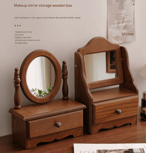 Round Mirror with Drawer Orbicular Wooden Tabletop Vanity Mirror Elegant Design - RnR Galore