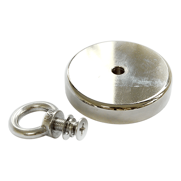 Round Neodymium Fishing Magnet with Countersunk Hole and Eyebolt, 500 LBS pull - RnR Galore