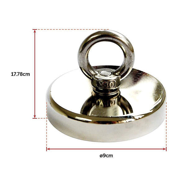 Round Neodymium Fishing Magnet with Countersunk Hole and Eyebolt, 500 LBS pull - RnR Galore