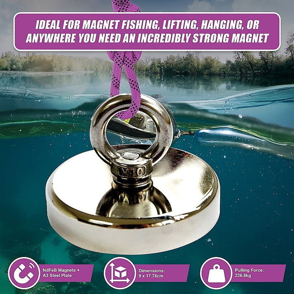 Round Neodymium Fishing Magnet with Countersunk Hole and Eyebolt, 500 LBS pull - RnR Galore