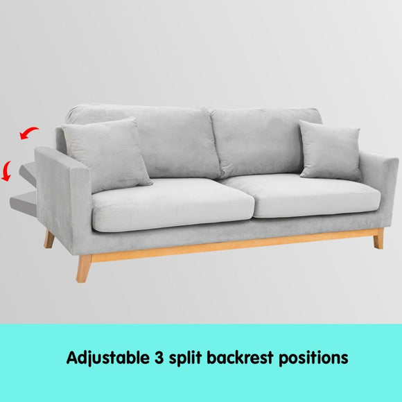 Sarantino 3 Seater Faux Velvet Sofa Bed Couch Furniture Light Grey - RnR Galore