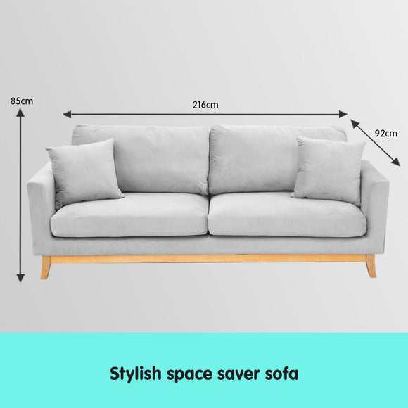 Sarantino 3 Seater Faux Velvet Sofa Bed Couch Furniture Light Grey - RnR Galore