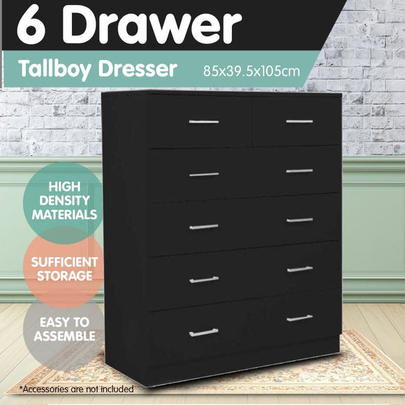 Sarantino Tallboy Dresser 6 Chest Of Drawers Table Cabinet Bedroom Storage Black - RnR Galore