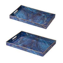 Set 2 Marble Patterned Blue Rectangular Trays 48cm - RnR Galore