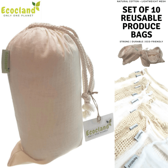 Set of 10 ECOCLAND Reusable Mesh Produce Bags Fruit Grocery Storage Washable Eco Bag - RnR Galore