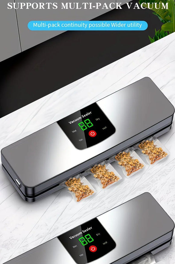 silver Rechargeable Vacuum Sealer with USB Port, designed for preserving food in both dry and wet environments, equipped with an LED screen, ideal for travel and camping. - RnR Galore