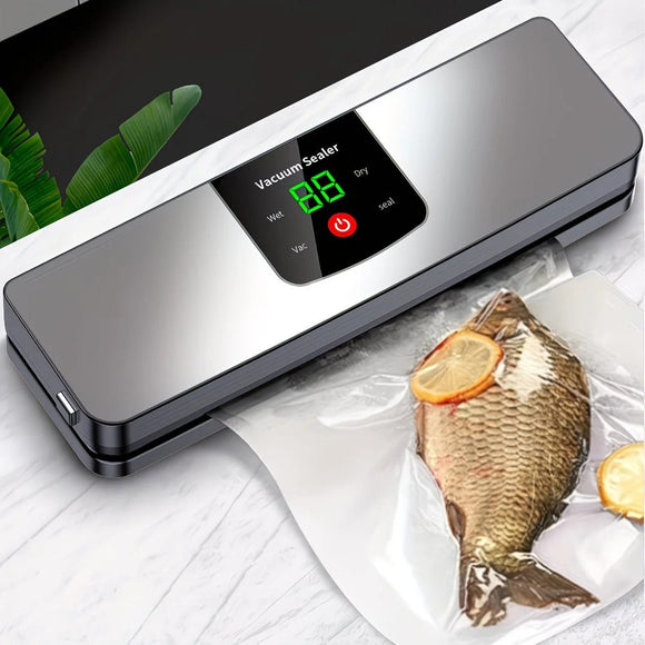 silver Rechargeable Vacuum Sealer with USB Port, designed for preserving food in both dry and wet environments, equipped with an LED screen, ideal for travel and camping. - RnR Galore