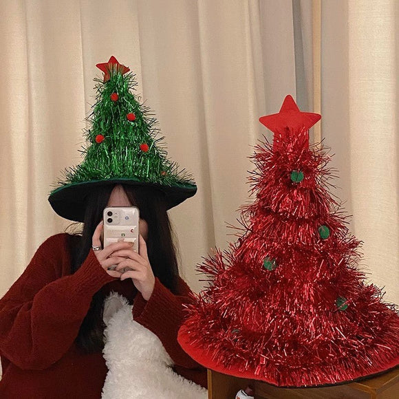 Silver Sparkly Tinsel Christmas Tree Hat - Festive Holiday Party Headwear for Adults & Kids - RnR Galore