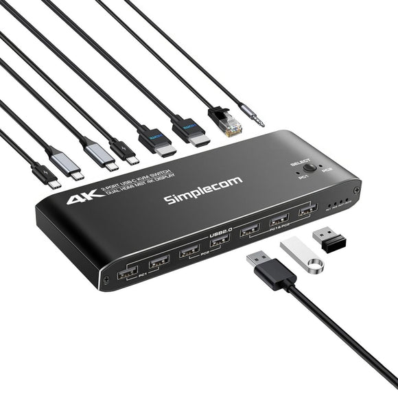 Simplecom KM590 2 - Port USB - C Dual 4K HDMI Monitor KVM Switch and Docking Station with Network Sharing - RnR Galore