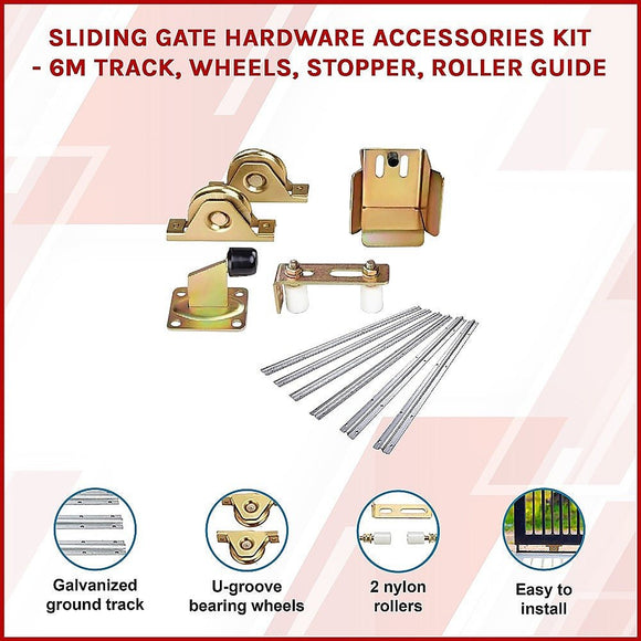 Sliding Gate Hardware Accessories Kit - 6m Track, Wheels, Stopper, Roller Guide - RnR Galore