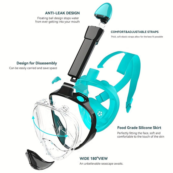 S/M Full - face silicone snorkeling mask, full - dry panoramic snorkeling mirror, camera bracket, large frame anti - leakage and anti - fog swimming mirror set for adults. - RnR Galore