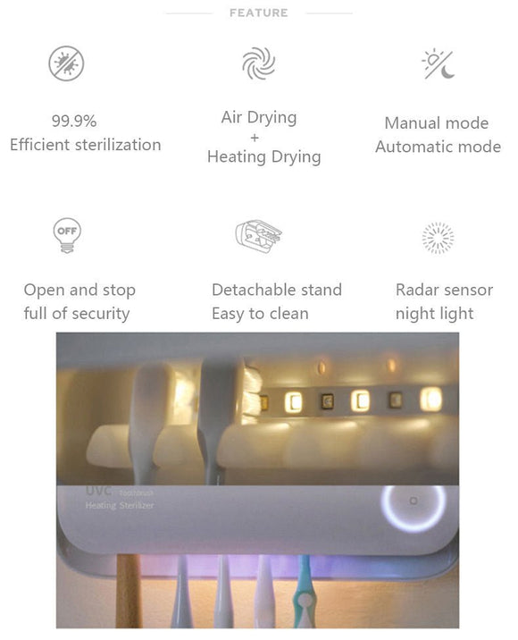Smart UVC Toothbrush Sterilizer & Holder with Heat Drying, Radar Sensor Night Light(white) - RnR Galore